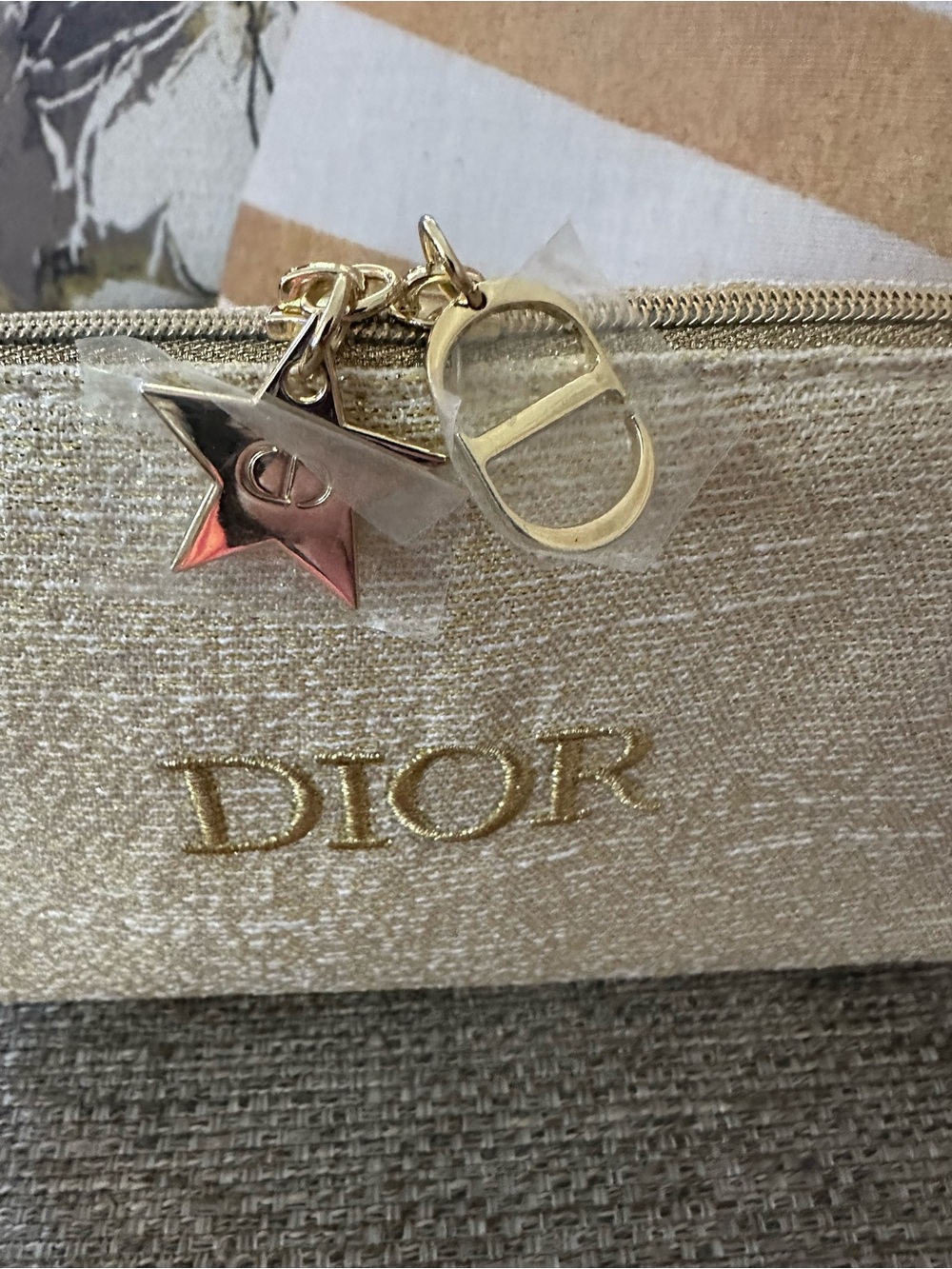 DIOR Gold Metallic Luxury Cosmetic Bag & Travel Pouch With Star & Logo Charm - Picture 10 of 16